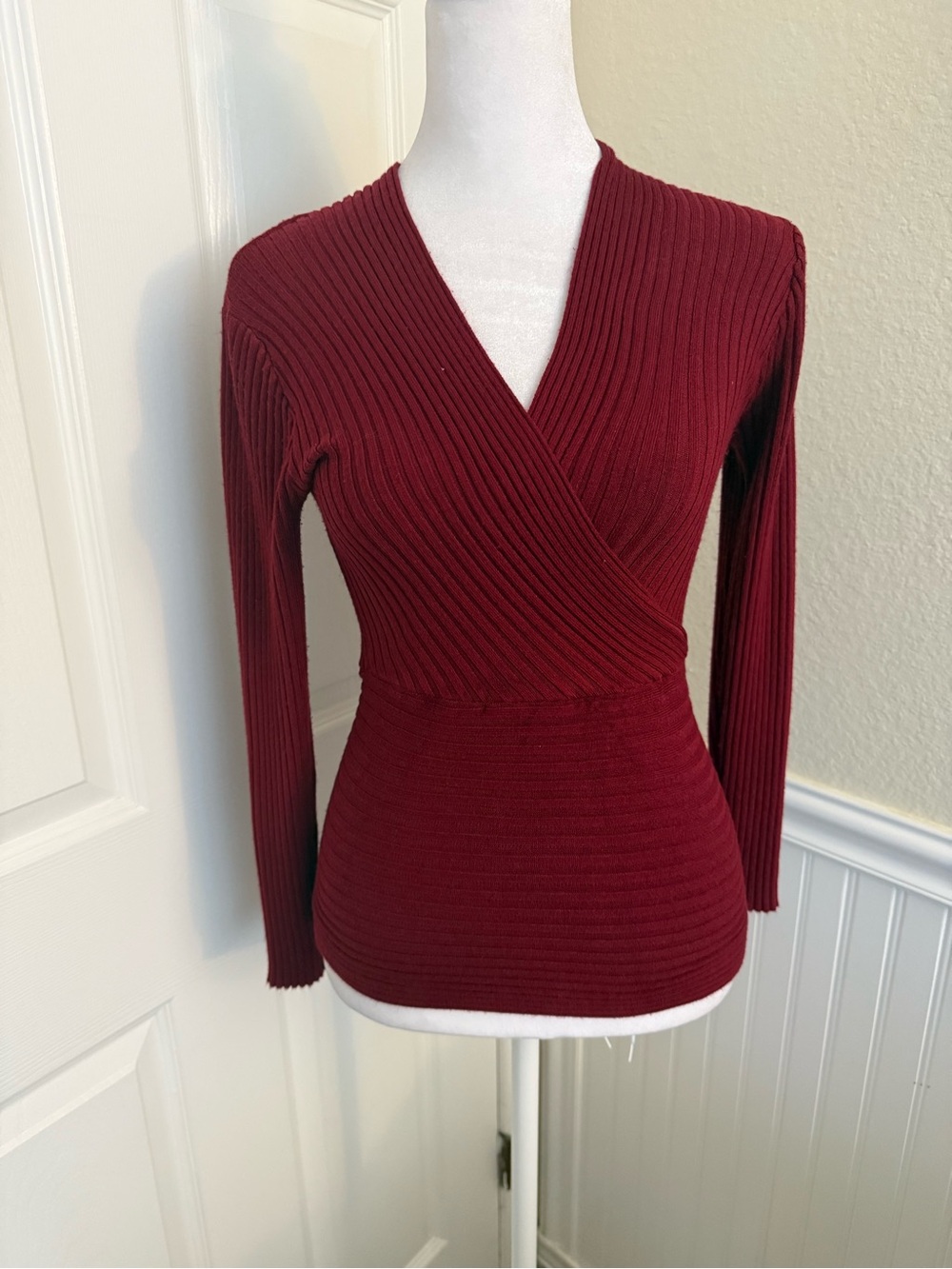 Ribbed V-Neck Wrap Sweater - Deep Wine